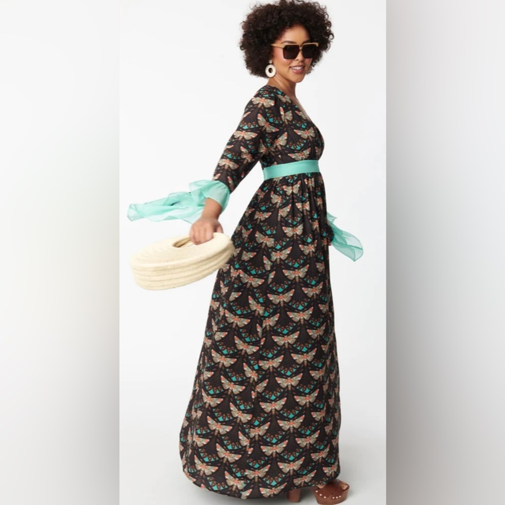 Unique Vintage - Black & Mint Moth Print Maxi Dress, Large